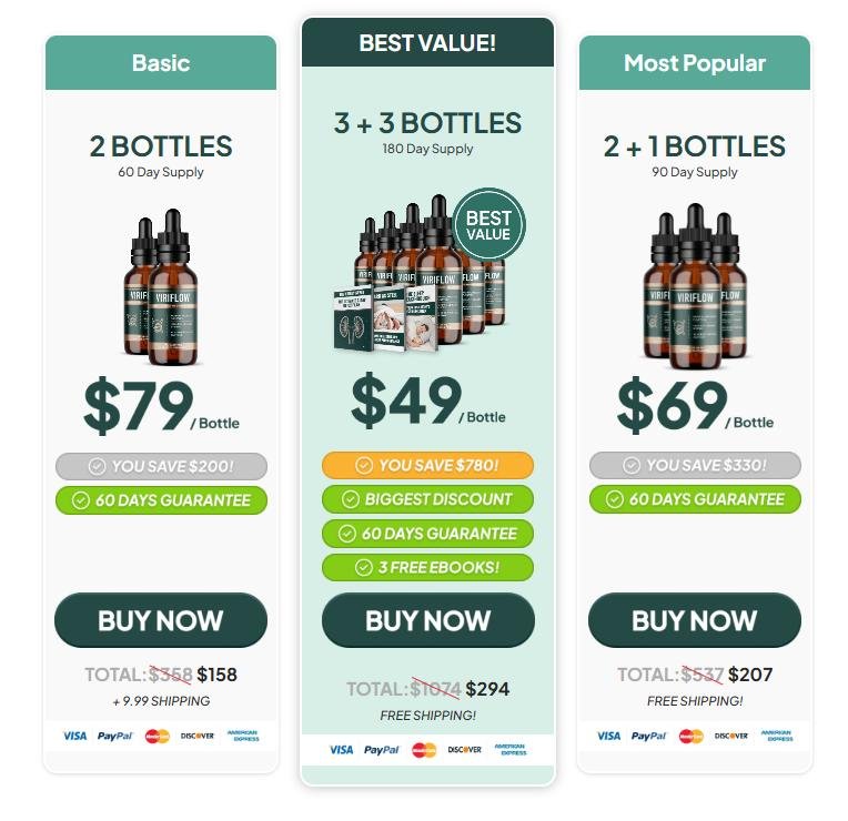 ViriFlow pricing page with best value 6 bottle package and limited time discount offer